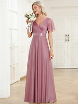 ever LIORÉ|Sparkling Short Sleeve V-Neck Ribbon Waist A-Line Evening Dress