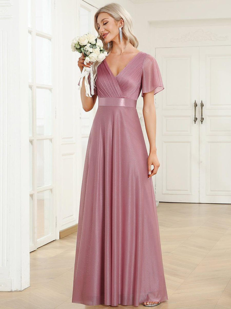 ever LIORÉ|Sparkling Short Sleeve V-Neck Ribbon Waist A-Line Evening Dress