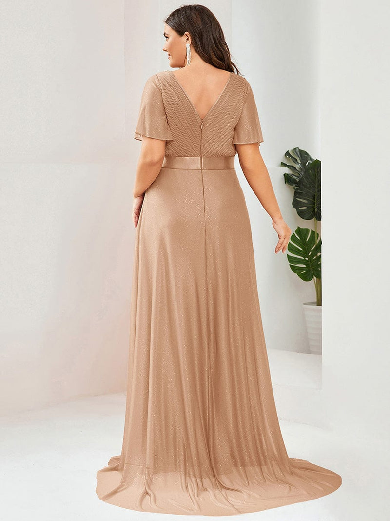 ever LIORÉ|Sparkling Short Sleeve V-Neck Ribbon Waist A-Line Evening Dress