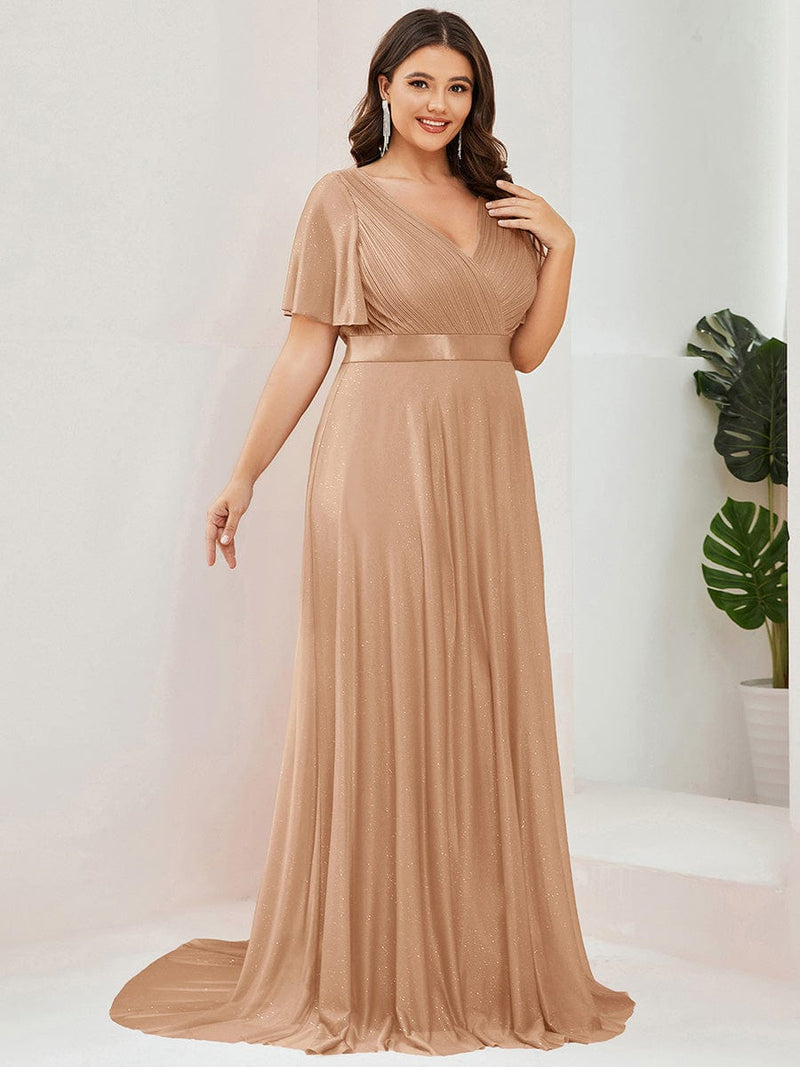 ever LIORÉ|Sparkling Short Sleeve V-Neck Ribbon Waist A-Line Evening Dress