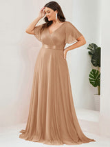 ever LIORÉ|Sparkling Short Sleeve V-Neck Ribbon Waist A-Line Evening Dress