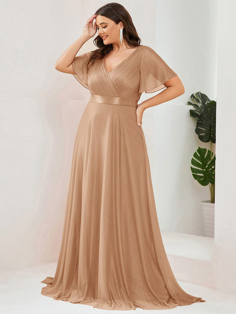 ever LIORÉ|Sparkling Short Sleeve V-Neck Ribbon Waist A-Line Evening Dress
