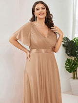 ever LIORÉ|Sparkling Short Sleeve V-Neck Ribbon Waist A-Line Evening Dress