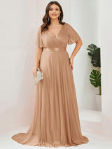 ever LIORÉ|Sparkling Short Sleeve V-Neck Ribbon Waist A-Line Evening Dress
