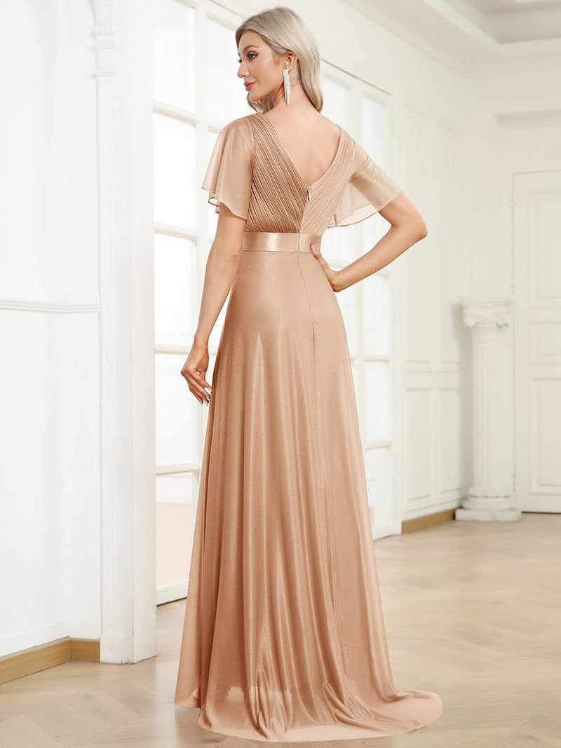 ever LIORÉ|Sparkling Short Sleeve V-Neck Ribbon Waist A-Line Evening Dress