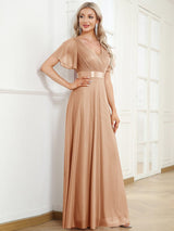 ever LIORÉ|Sparkling Short Sleeve V-Neck Ribbon Waist A-Line Evening Dress