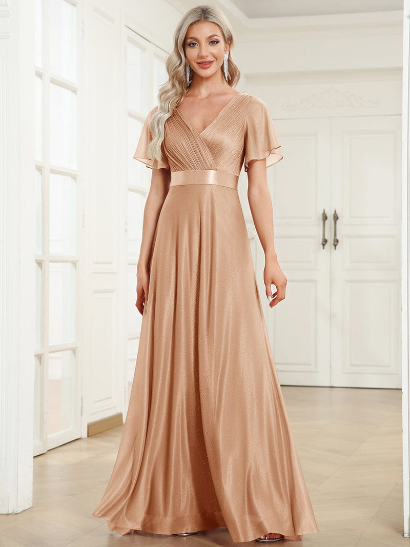 ever LIORÉ|Sparkling Short Sleeve V-Neck Ribbon Waist A-Line Evening Dress