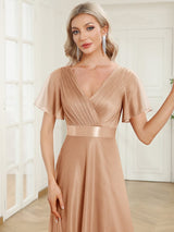 ever LIORÉ|Sparkling Short Sleeve V-Neck Ribbon Waist A-Line Evening Dress