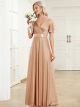 ever LIORÉ|Sparkling Short Sleeve V-Neck Ribbon Waist A-Line Evening Dress