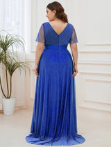 ever LIORÉ|Sparkling Short Sleeve V-Neck Ribbon Waist A-Line Evening Dress
