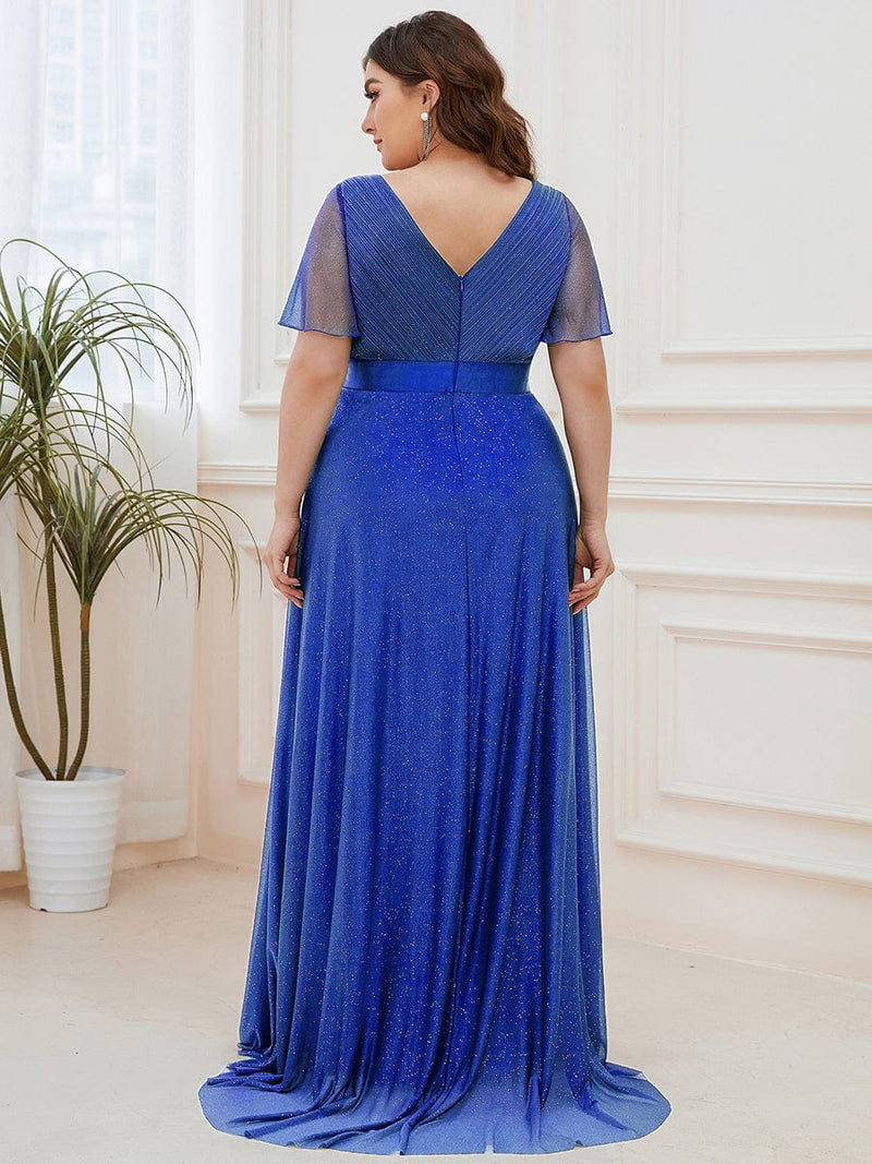 ever LIORÉ|Sparkling Short Sleeve V-Neck Ribbon Waist A-Line Evening Dress