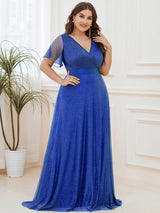 ever LIORÉ|Sparkling Short Sleeve V-Neck Ribbon Waist A-Line Evening Dress
