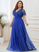 ever LIORÉ|Sparkling Short Sleeve V-Neck Ribbon Waist A-Line Evening Dress