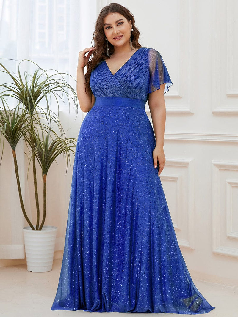 ever LIORÉ|Sparkling Short Sleeve V-Neck Ribbon Waist A-Line Evening Dress