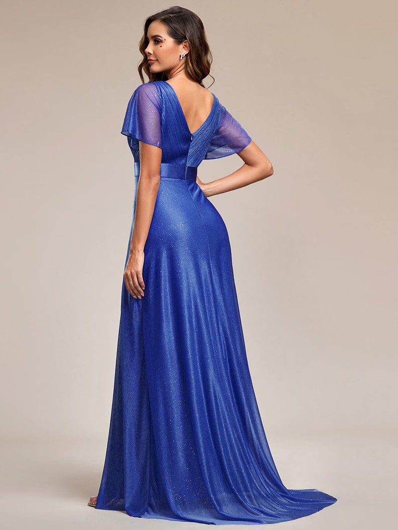 ever LIORÉ|Sparkling Short Sleeve V-Neck Ribbon Waist A-Line Evening Dress