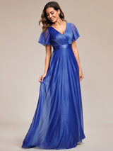 ever LIORÉ|Sparkling Short Sleeve V-Neck Ribbon Waist A-Line Evening Dress