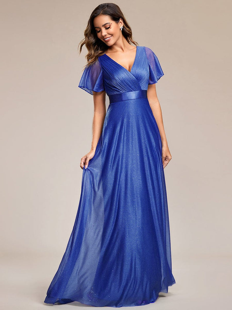 ever LIORÉ|Sparkling Short Sleeve V-Neck Ribbon Waist A-Line Evening Dress
