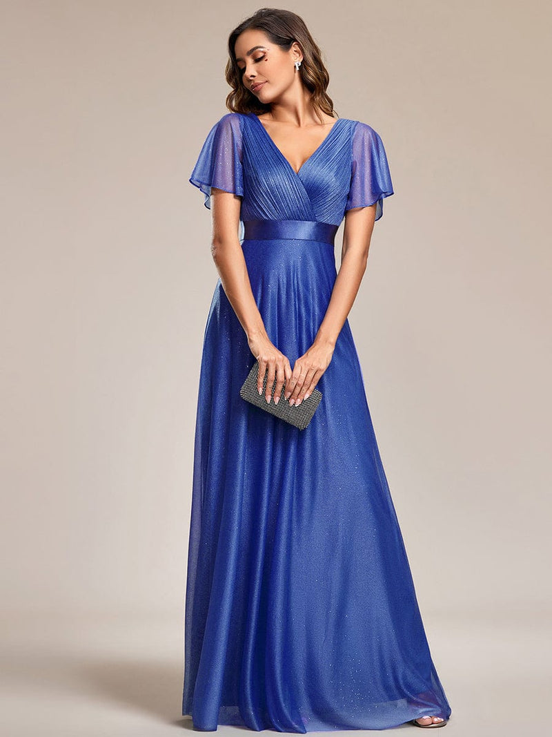 ever LIORÉ|Sparkling Short Sleeve V-Neck Ribbon Waist A-Line Evening Dress