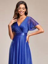 ever LIORÉ|Sparkling Short Sleeve V-Neck Ribbon Waist A-Line Evening Dress