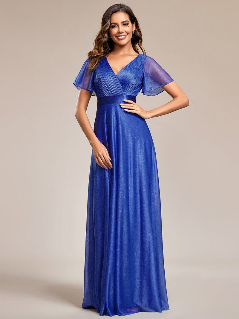 ever LIORÉ|Sparkling Short Sleeve V-Neck Ribbon Waist A-Line Evening Dress