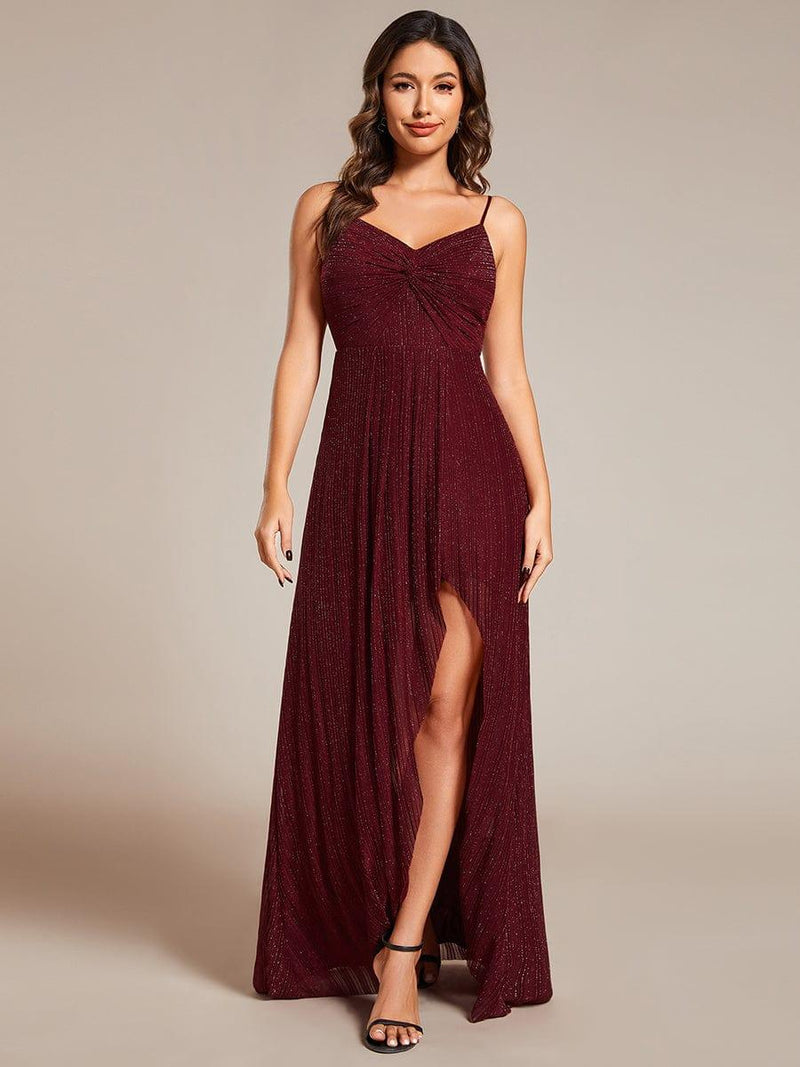 Elegant High Slit V-Neck Sleeveless Formal Evening Dress with Pleating