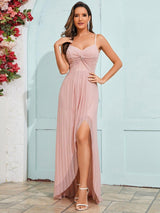 Elegant High Slit V-Neck Sleeveless Formal Evening Dress with Pleating