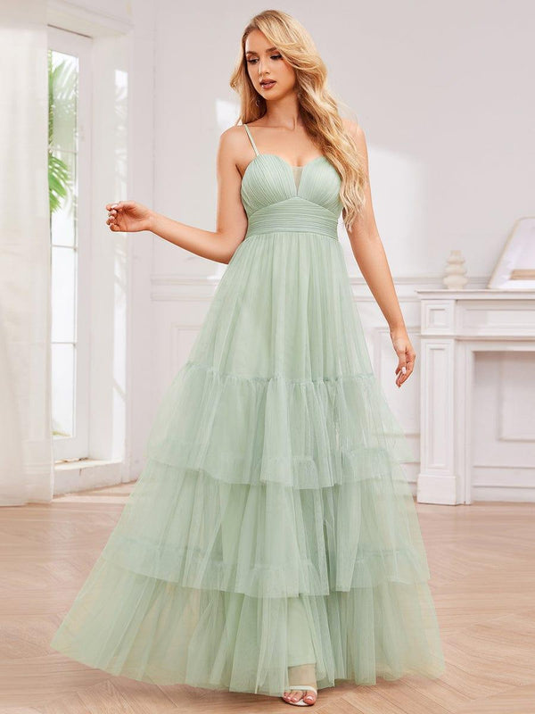 V Neck Tiered Tulle Spaghetti Strap Bridesmaid Dress