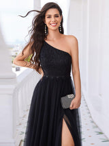 One-Shoulder Embellished Tulle Formal Evening Dress