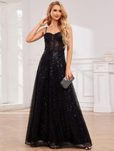ever TAYTUM|Elegant Sequin Spaghetti Strap See-Through Formal Evening Dress
