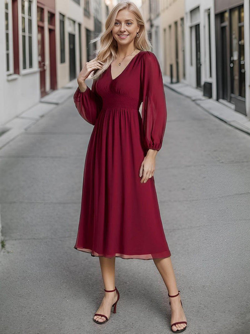 ever AMARA|Chiffon V-Neck Long Sleeves Elastic Band Midi Wedding Guest Dress