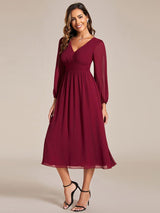 ever AMARA|Chiffon V-Neck Long Sleeves Elastic Band Midi Wedding Guest Dress