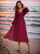ever AMARA|Chiffon V-Neck Long Sleeves Elastic Band Midi Wedding Guest Dress