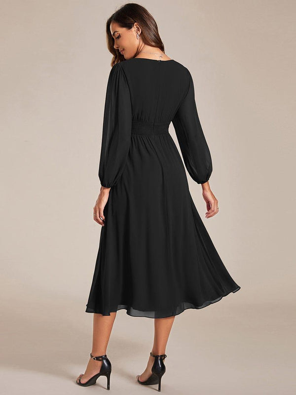ever AMARA|Chiffon V-Neck Long Sleeves Elastic Band Midi Wedding Guest Dress