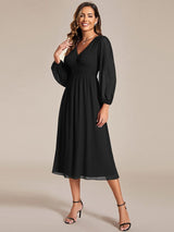 ever AMARA|Chiffon V-Neck Long Sleeves Elastic Band Midi Wedding Guest Dress