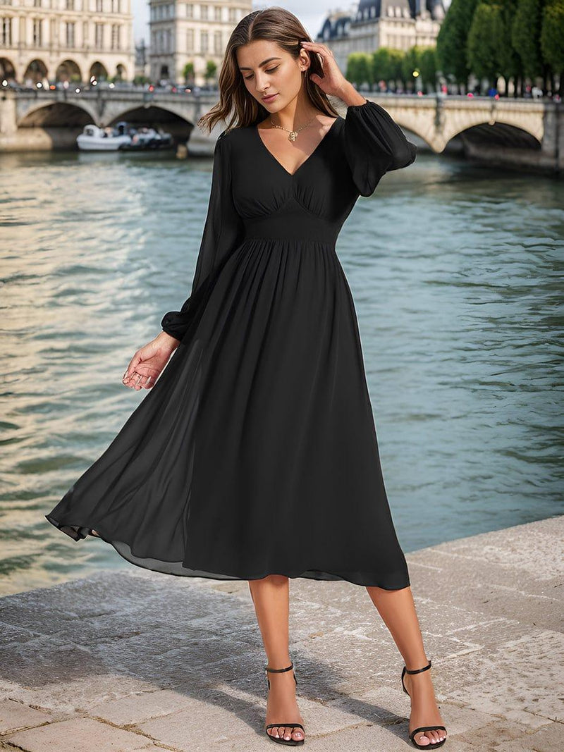 ever AMARA|Chiffon V-Neck Long Sleeves Elastic Band Midi Wedding Guest Dress