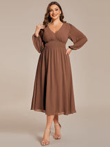 ever AMARA|Chiffon V-Neck Long Sleeves Elastic Band Midi Wedding Guest Dress