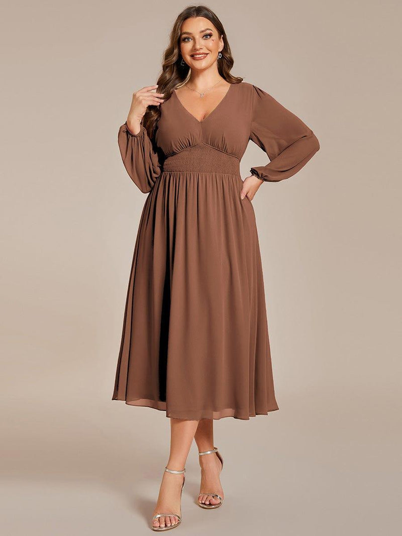 ever AMARA|Chiffon V-Neck Long Sleeves Elastic Band Midi Wedding Guest Dress