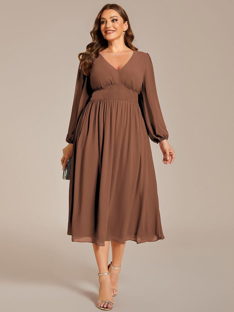 ever AMARA|Chiffon V-Neck Long Sleeves Elastic Band Midi Wedding Guest Dress