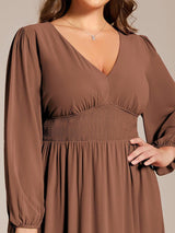 ever AMARA|Chiffon V-Neck Long Sleeves Elastic Band Midi Wedding Guest Dress