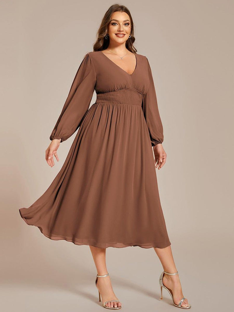 ever AMARA|Chiffon V-Neck Long Sleeves Elastic Band Midi Wedding Guest Dress