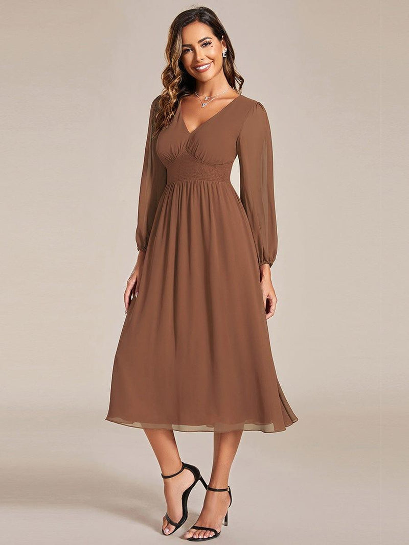ever AMARA|Chiffon V-Neck Long Sleeves Elastic Band Midi Wedding Guest Dress