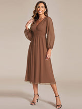ever AMARA|Chiffon V-Neck Long Sleeves Elastic Band Midi Wedding Guest Dress