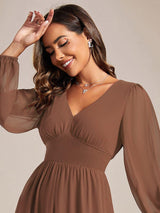 ever AMARA|Chiffon V-Neck Long Sleeves Elastic Band Midi Wedding Guest Dress