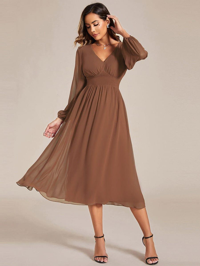 ever AMARA|Chiffon V-Neck Long Sleeves Elastic Band Midi Wedding Guest Dress
