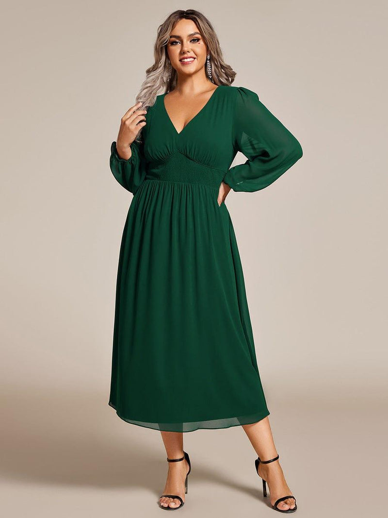 ever AMARA|Chiffon V-Neck Long Sleeves Elastic Band Midi Wedding Guest Dress