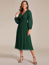 ever AMARA|Chiffon V-Neck Long Sleeves Elastic Band Midi Wedding Guest Dress