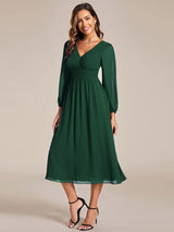 ever AMARA|Chiffon V-Neck Long Sleeves Elastic Band Midi Wedding Guest Dress