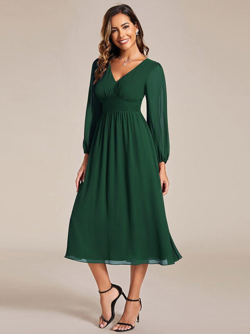 ever AMARA|Chiffon V-Neck Long Sleeves Elastic Band Midi Wedding Guest Dress