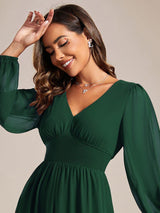 ever AMARA|Chiffon V-Neck Long Sleeves Elastic Band Midi Wedding Guest Dress