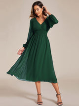 ever AMARA|Chiffon V-Neck Long Sleeves Elastic Band Midi Wedding Guest Dress